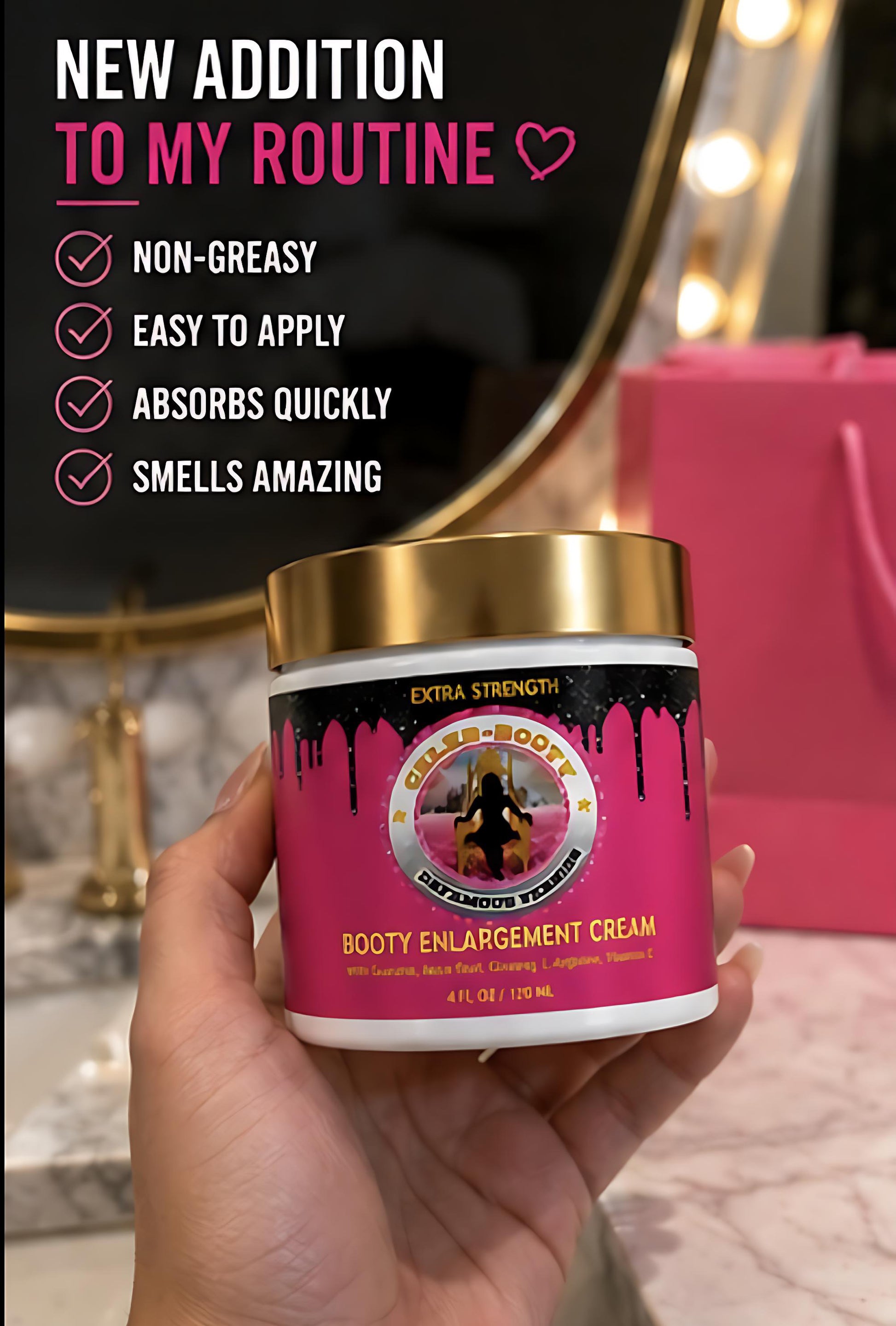 Hand holding a pink and gold container of body enlargement cream with text on a blurred background.
