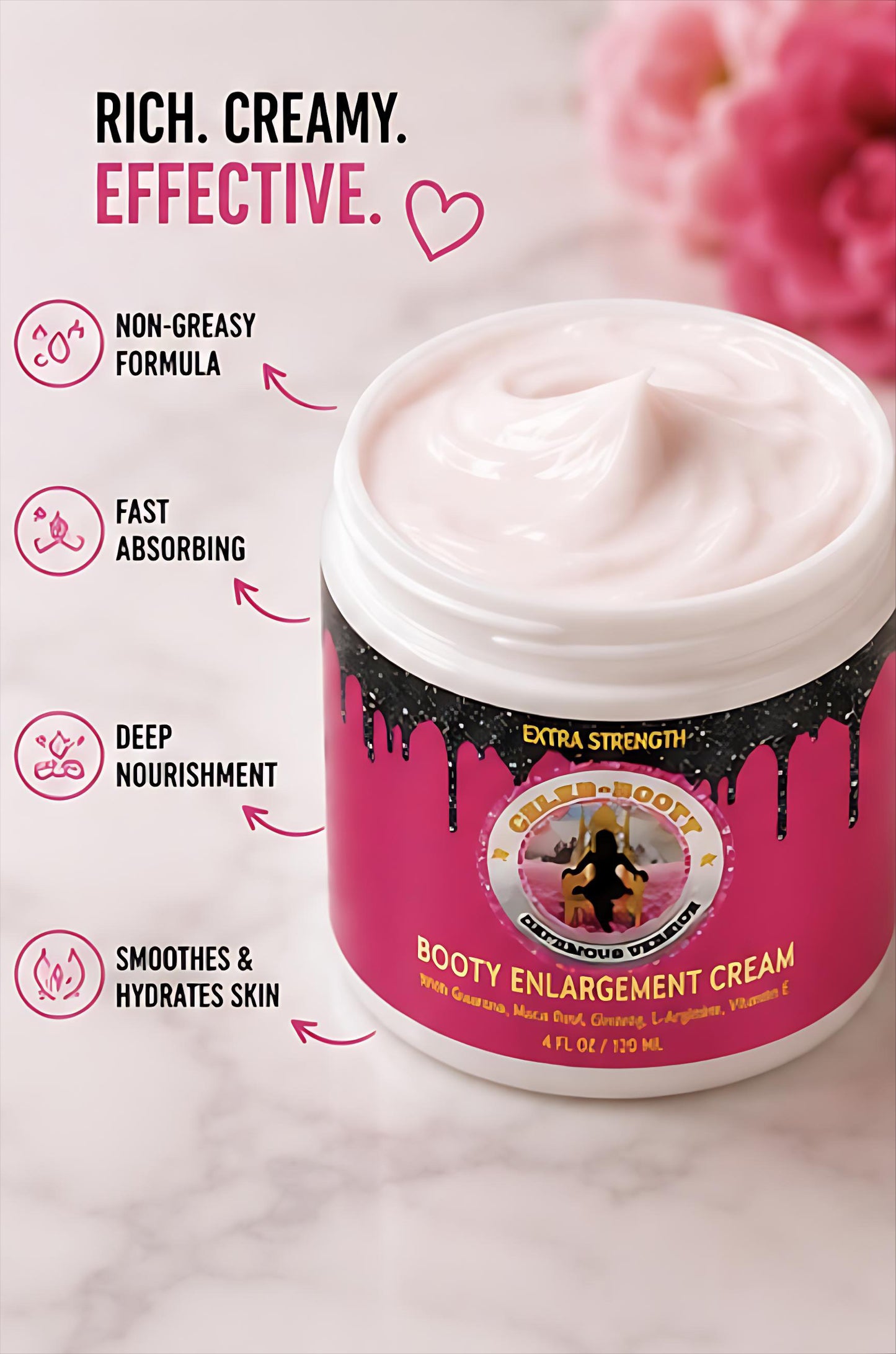 Jar of Booty Enlargement Cream with pink label on a light background