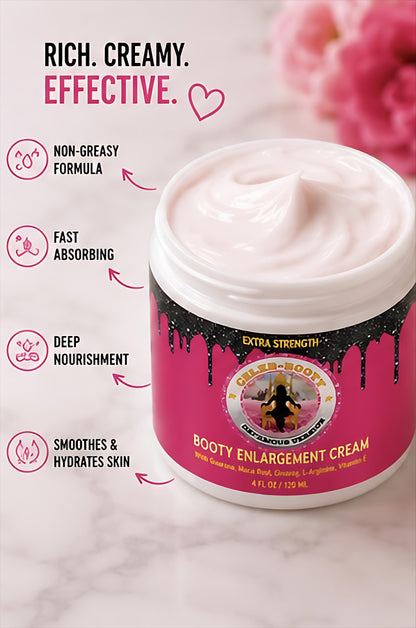 Jar of Booty Enlargement Cream with pink label on a light background
