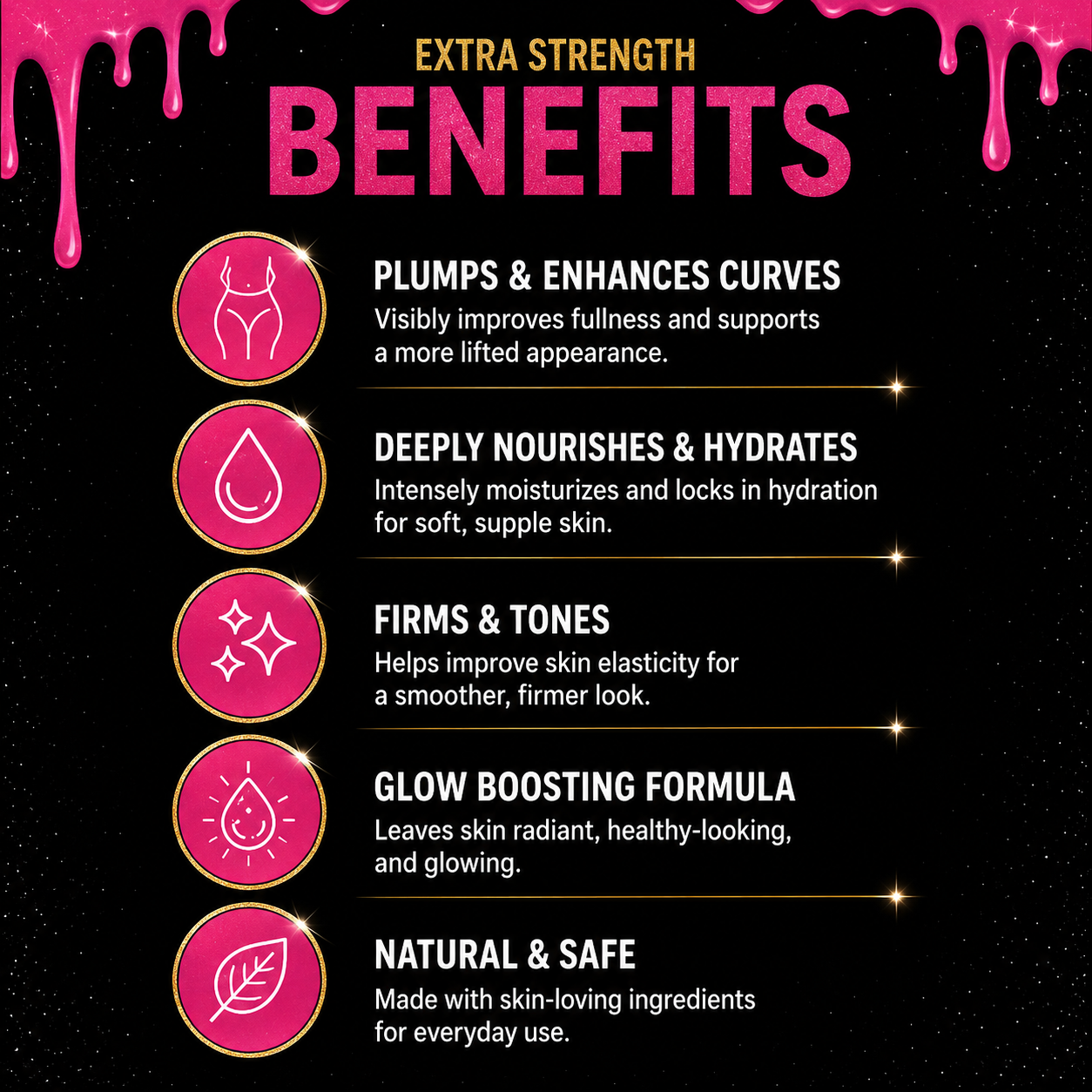 Product benefits listed on a black background with pink accents