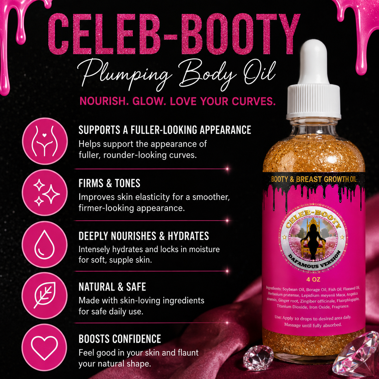 CELEB-BOOTY plumping body oil bottle with pink label and dropper on a dark background