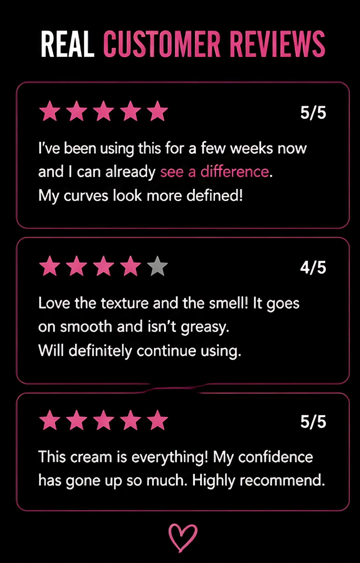 Five-star customer reviews on a black background with pink text and heart symbol.