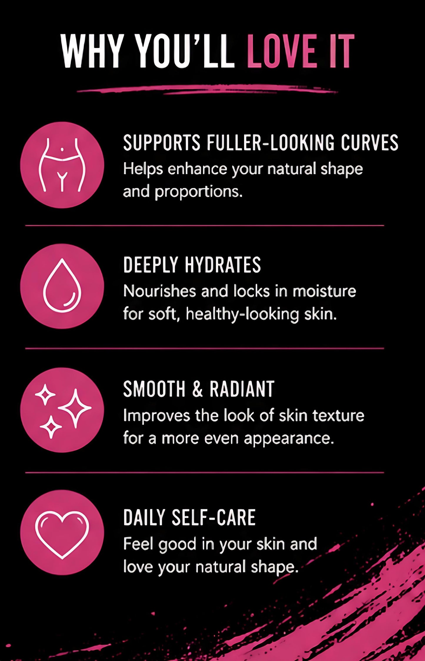 List of benefits of a skincare product on a black background with pink accents.