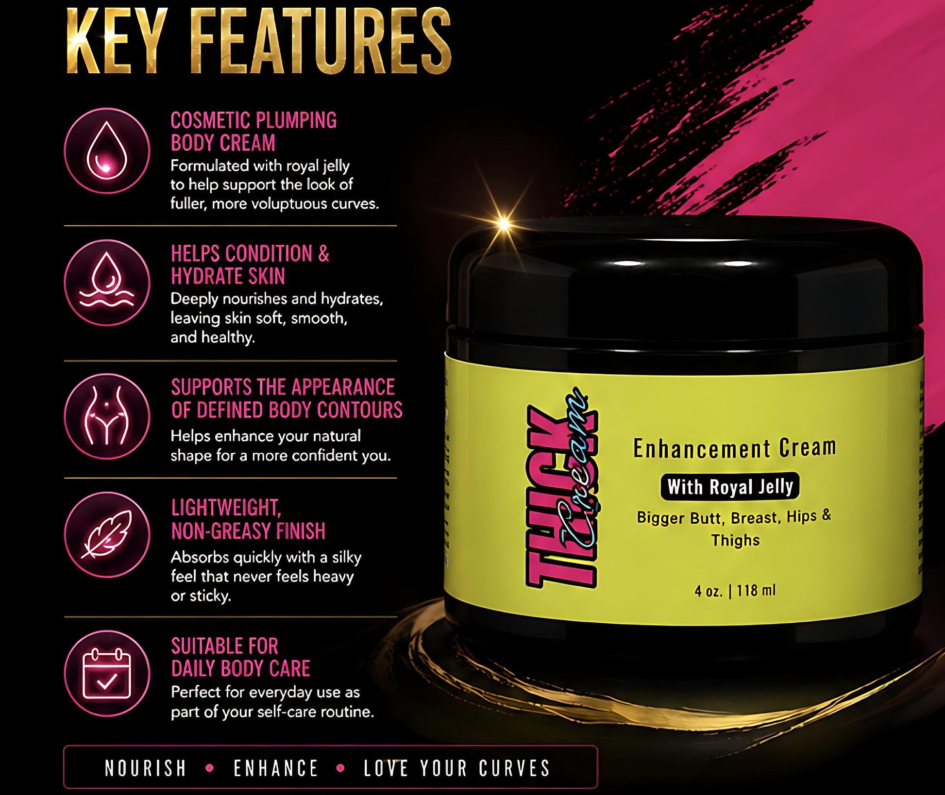 Cosmetic plumping body cream jar with key features listed on a dark background
