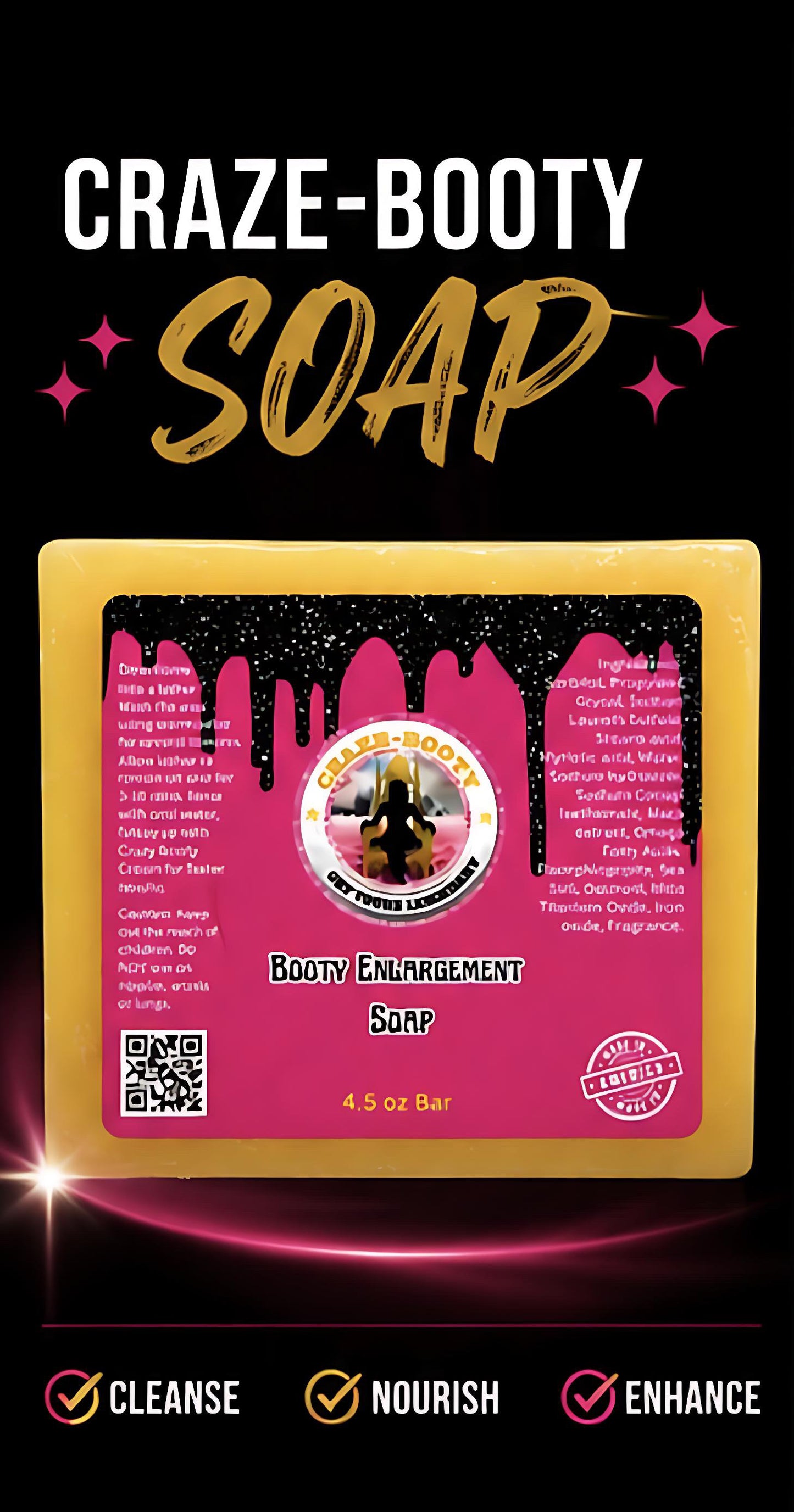 Soap bar with pink and yellow packaging on a black background, featuring the brand 'Craze Booty'.