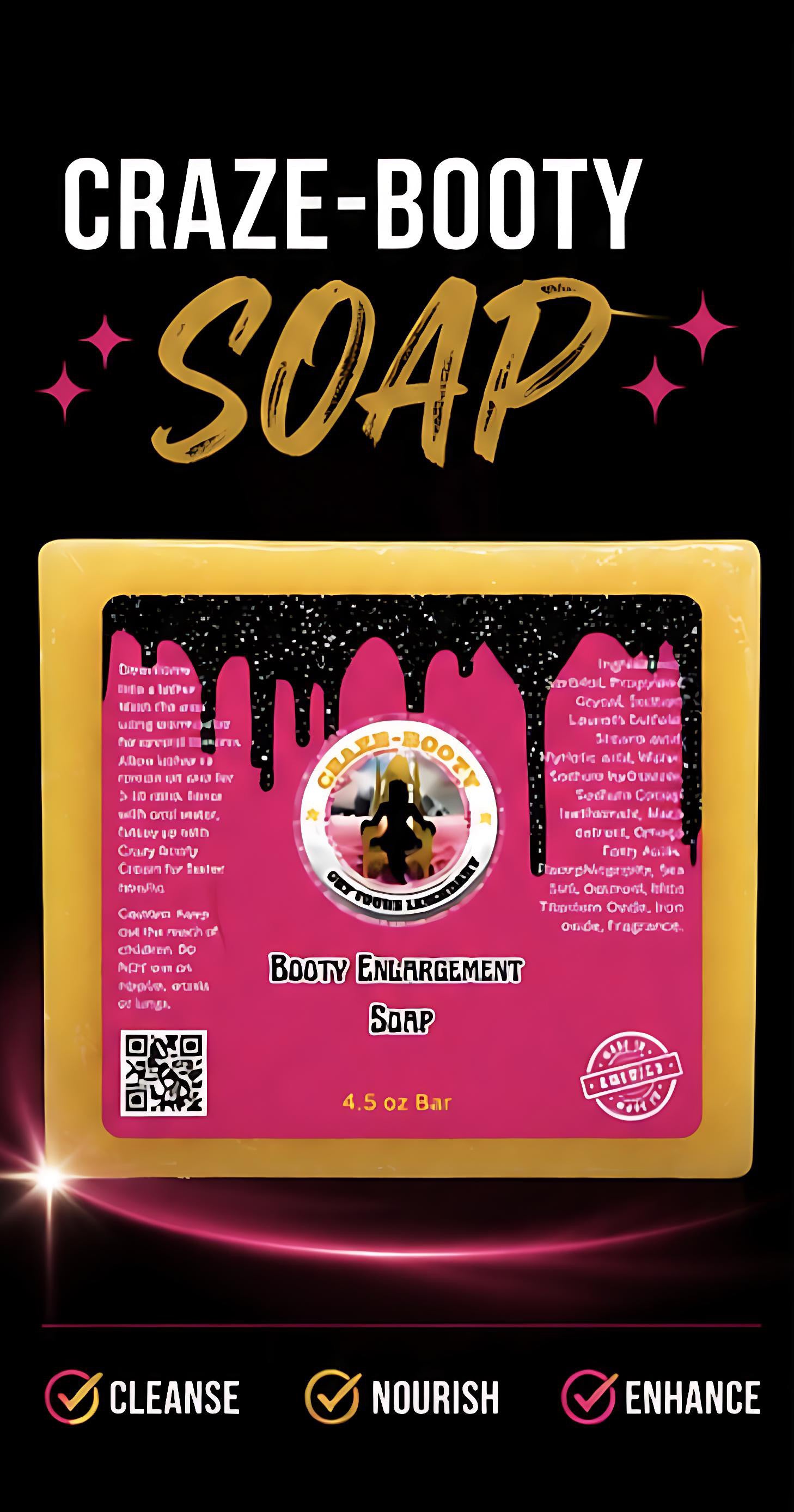 Soap bar with pink and yellow packaging on a black background, featuring the brand 'Craze Booty'.