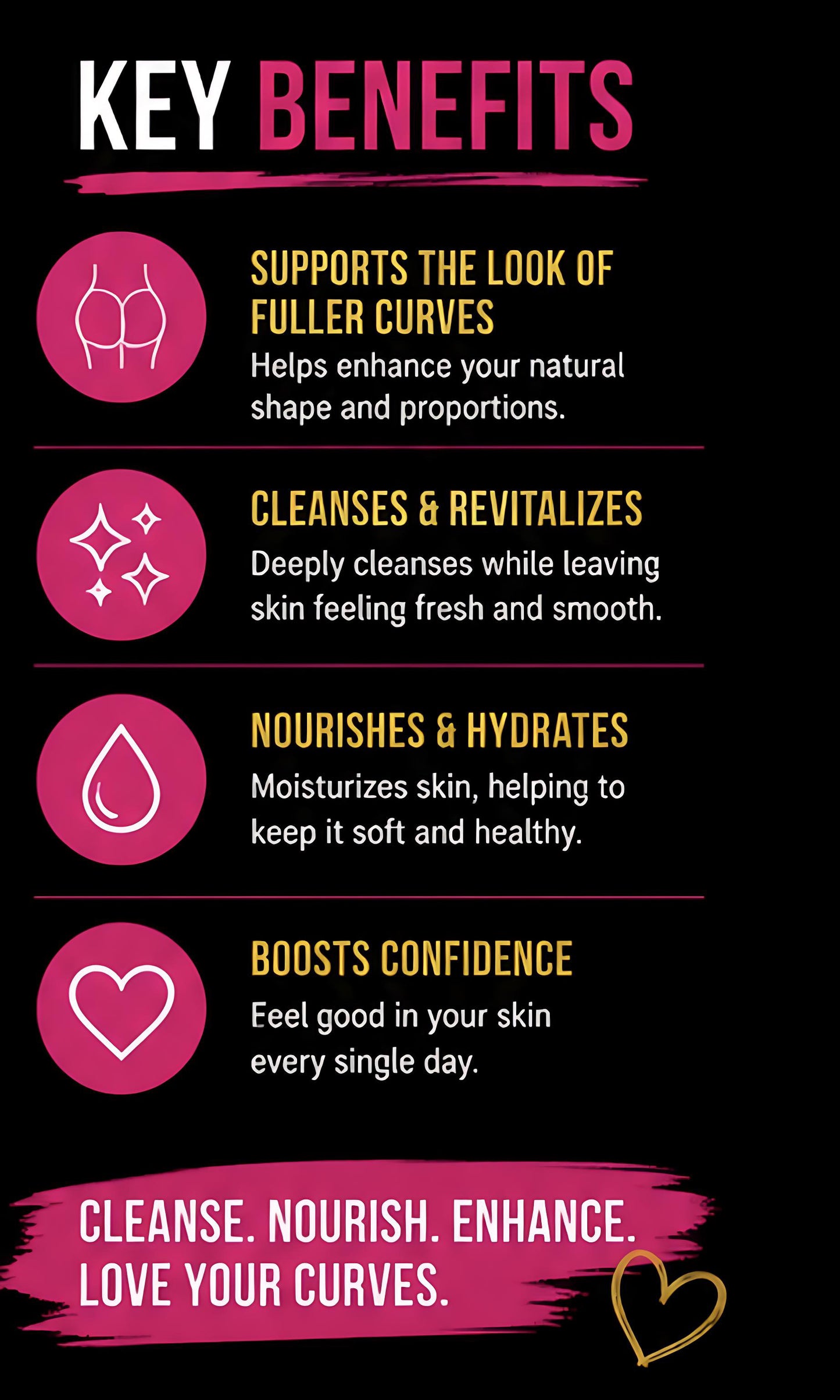 Key benefits of a skincare product on a black background with pink and yellow text.