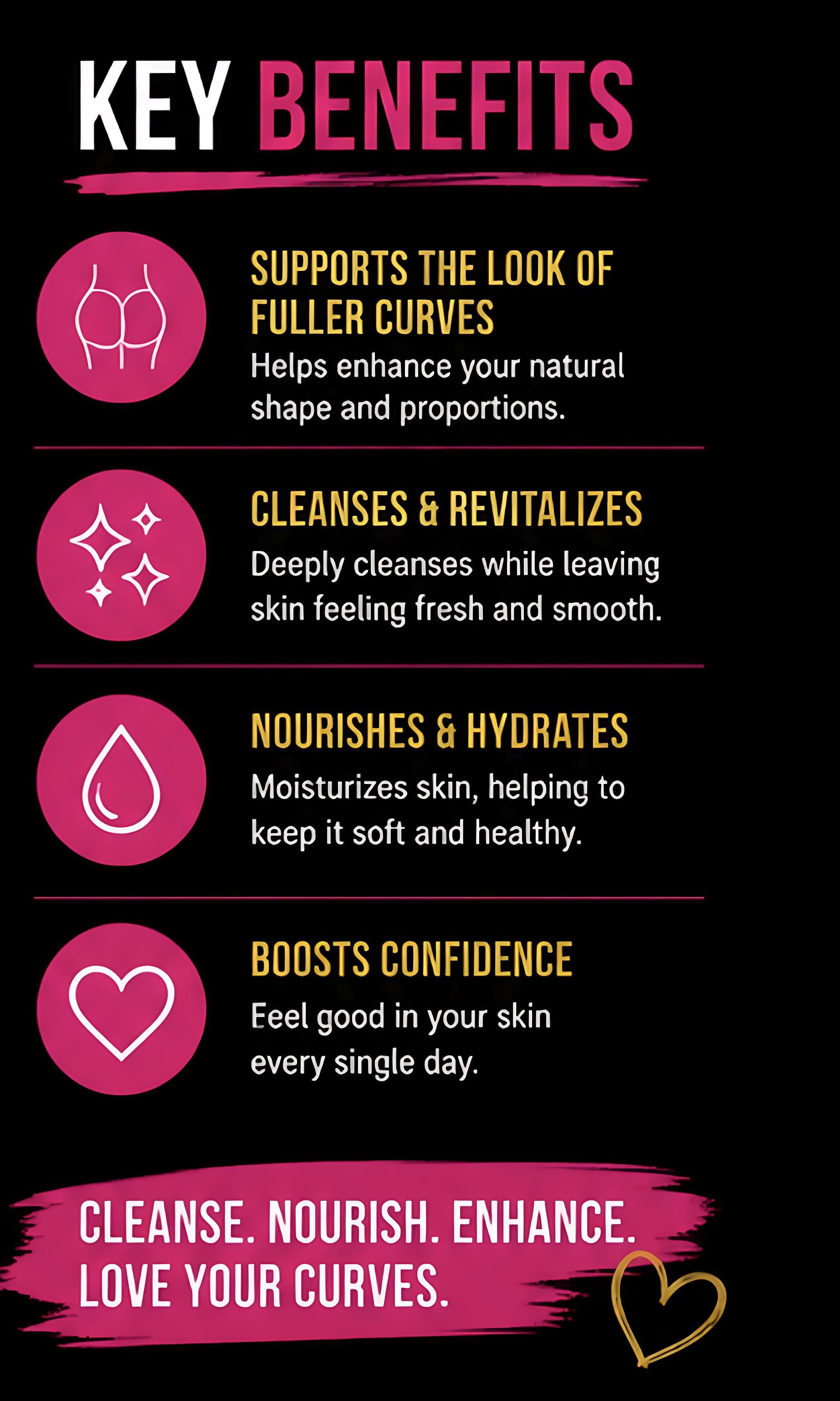 Key benefits of a skincare product on a black background with pink and yellow text.