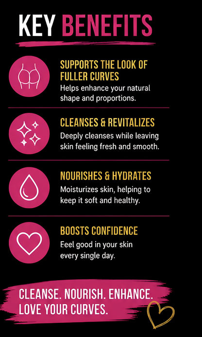Key benefits of a skincare product on a black background with pink and yellow text.