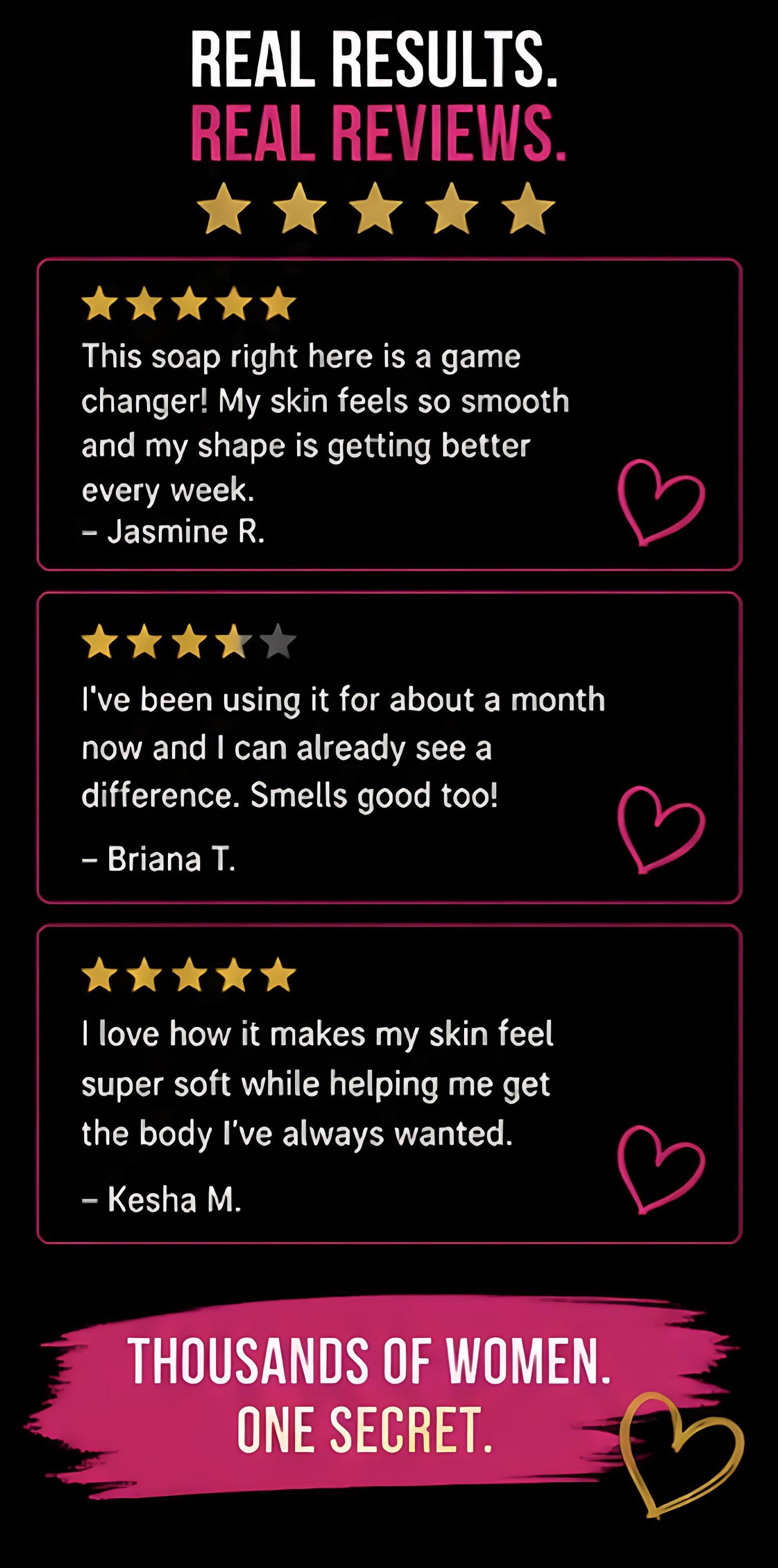 Product review card with customer testimonials on a black background