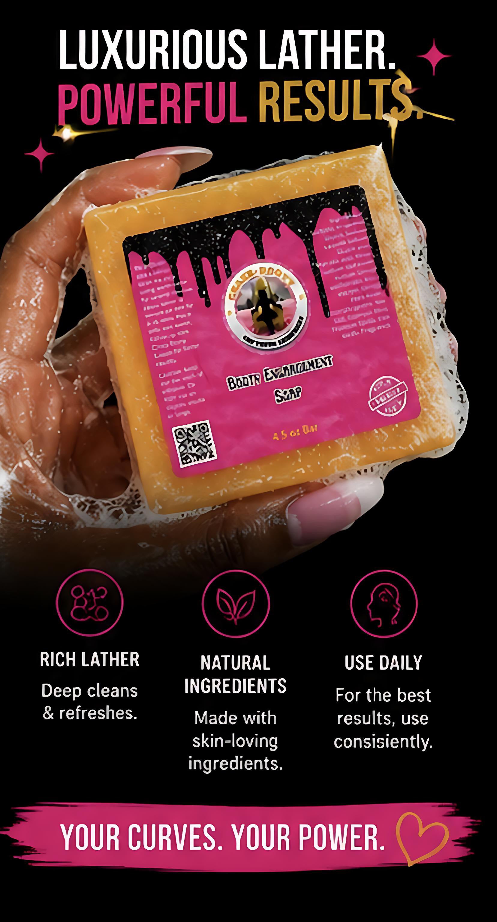 Bar of soap with pink label held by a hand, against a black background with promotional text.