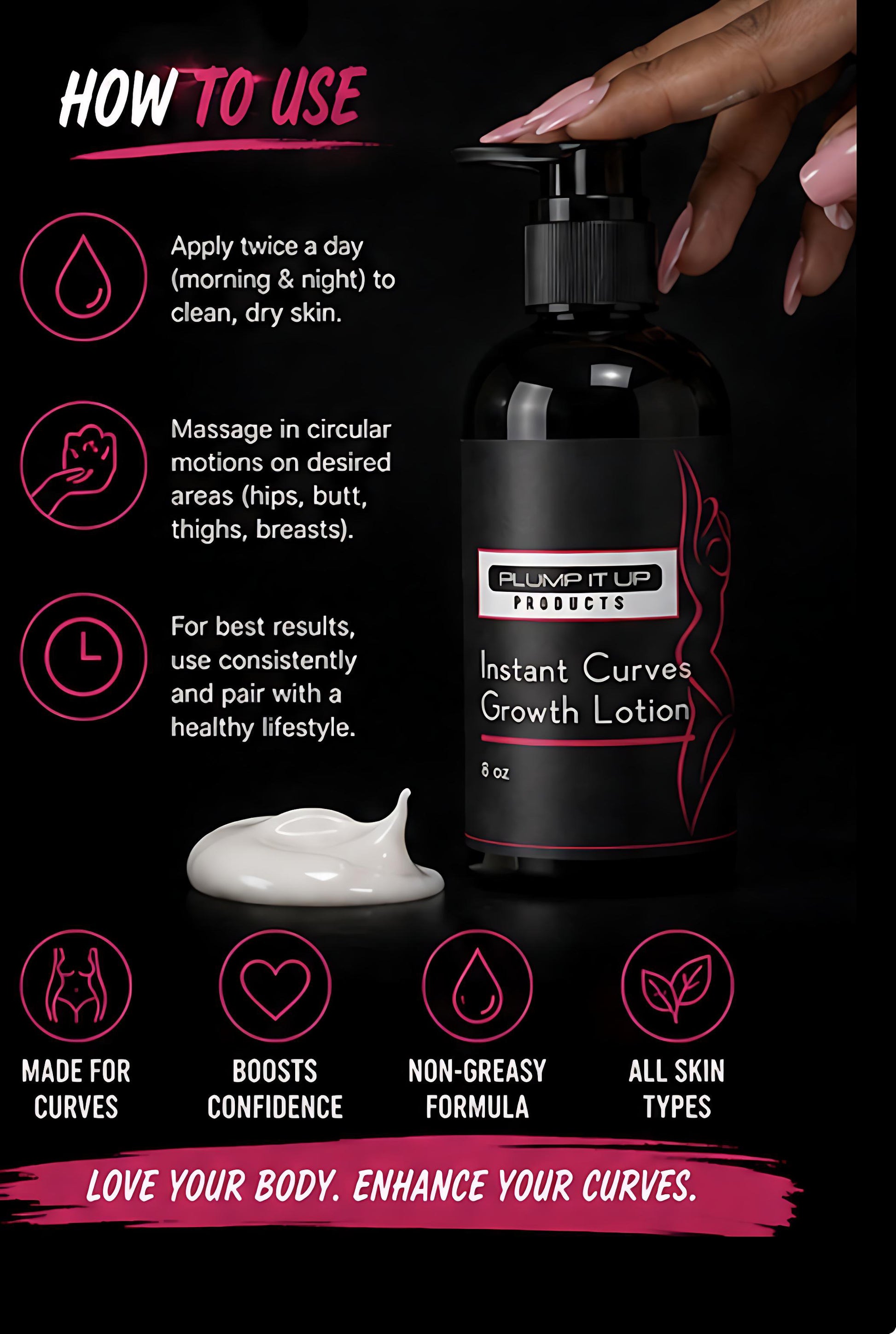 Bottle of Instant Curves Growth Lotion with application instructions on a black background