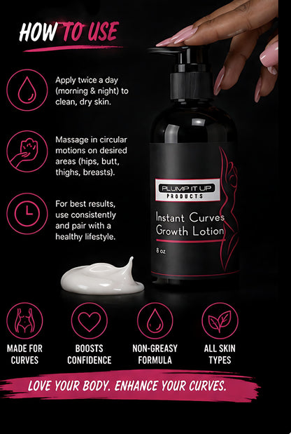 Bottle of Instant Curves Growth Lotion with application instructions on a black background