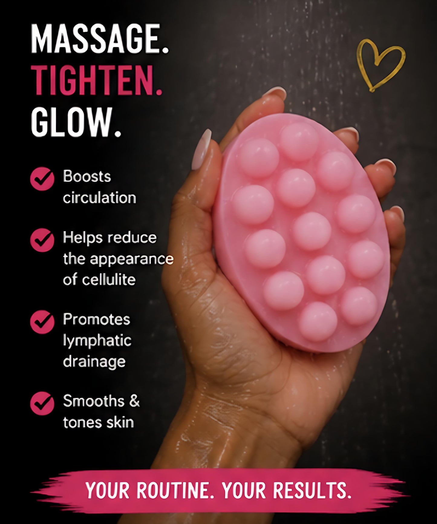 Hand holding a pink body soap from Get Thick Products Butt Enhnacement & Cellulite  scrubber 