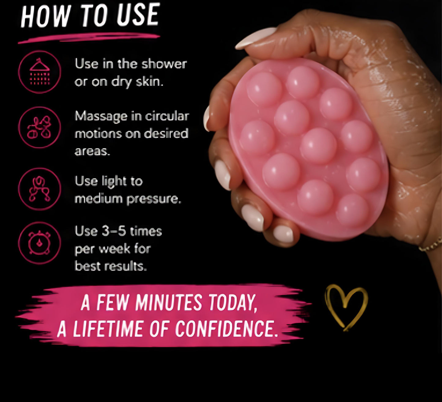 Pink body soap  product held by a hand with usage instructions on a black background