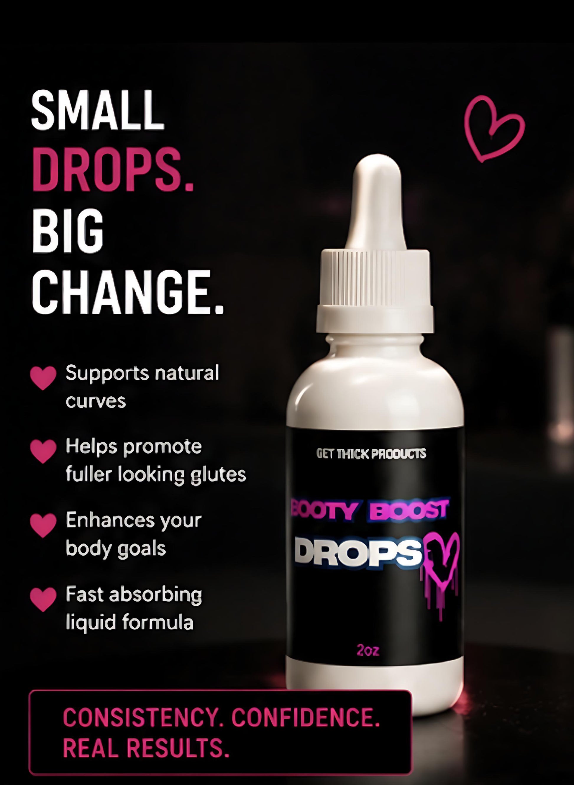 Bottle of 'Booby Boost Drops' with promotional text on a dark background