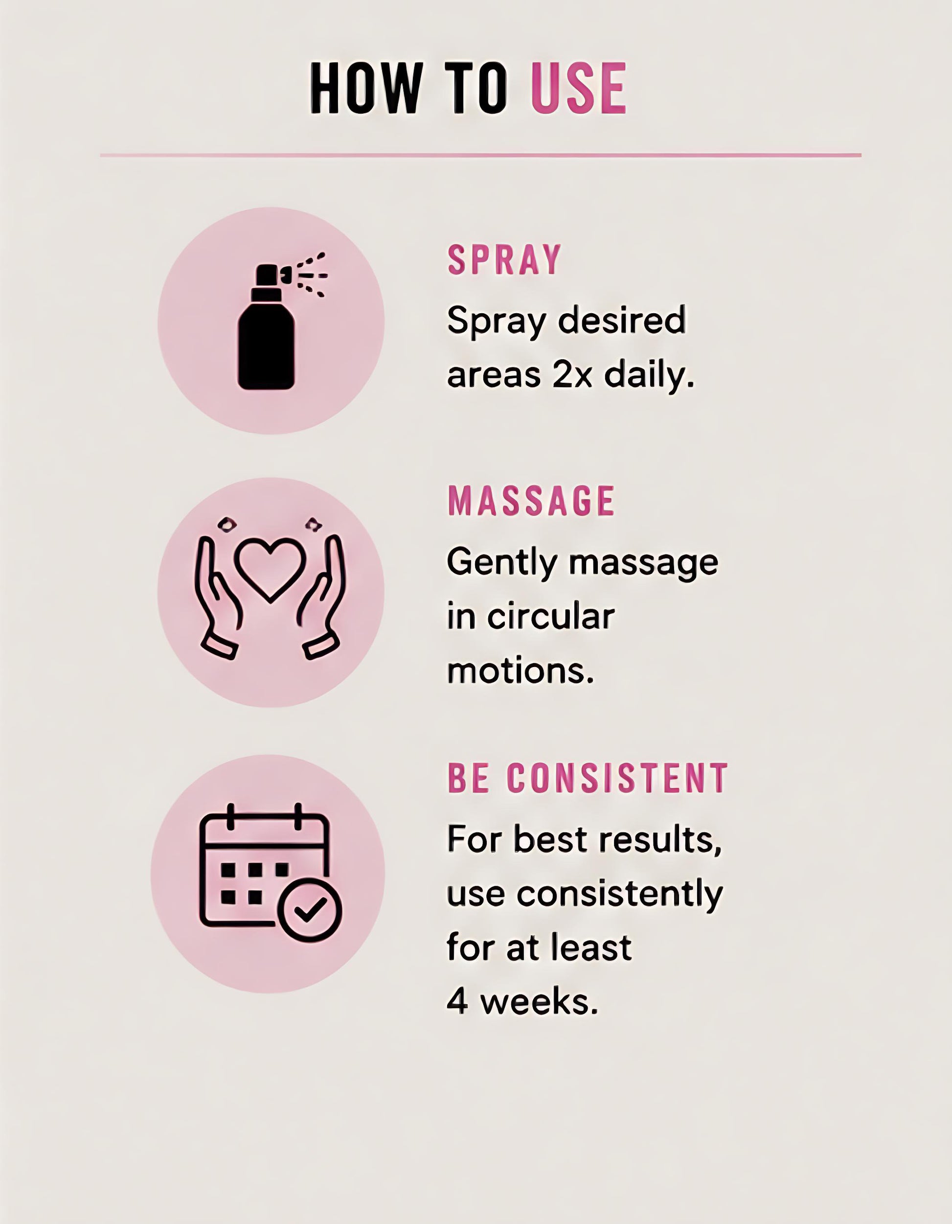 Instructions on how to use a product with icons and text on a light pink background