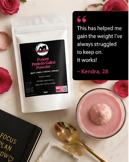Get Thick Weight Gain Protein powder package with a pink shake and rose flowers on a white surface.