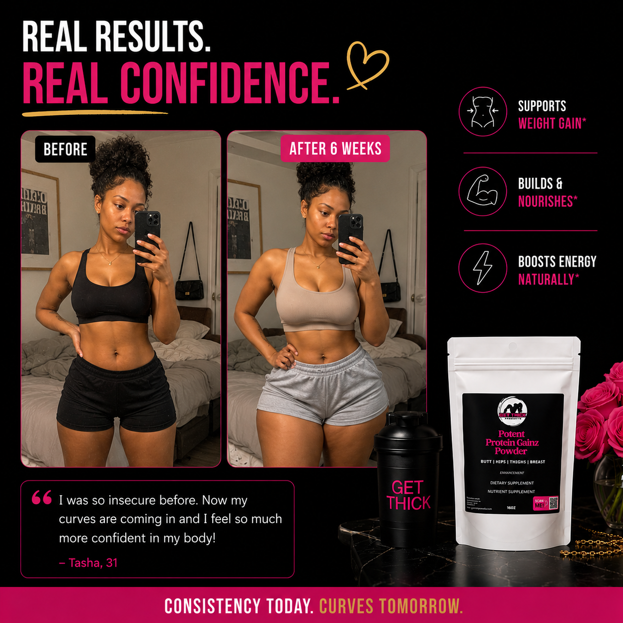 Before and after transformation of a woman with fitness product packaging and text about confidence and weight gain.