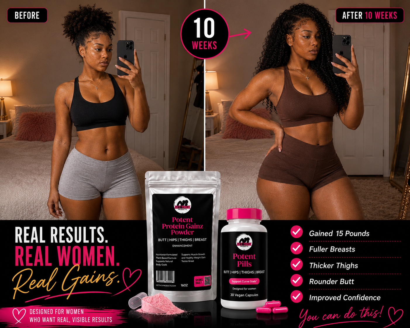 Before and after comparison of a woman with fitness results and supplements, featuring text about gains and confidence.
