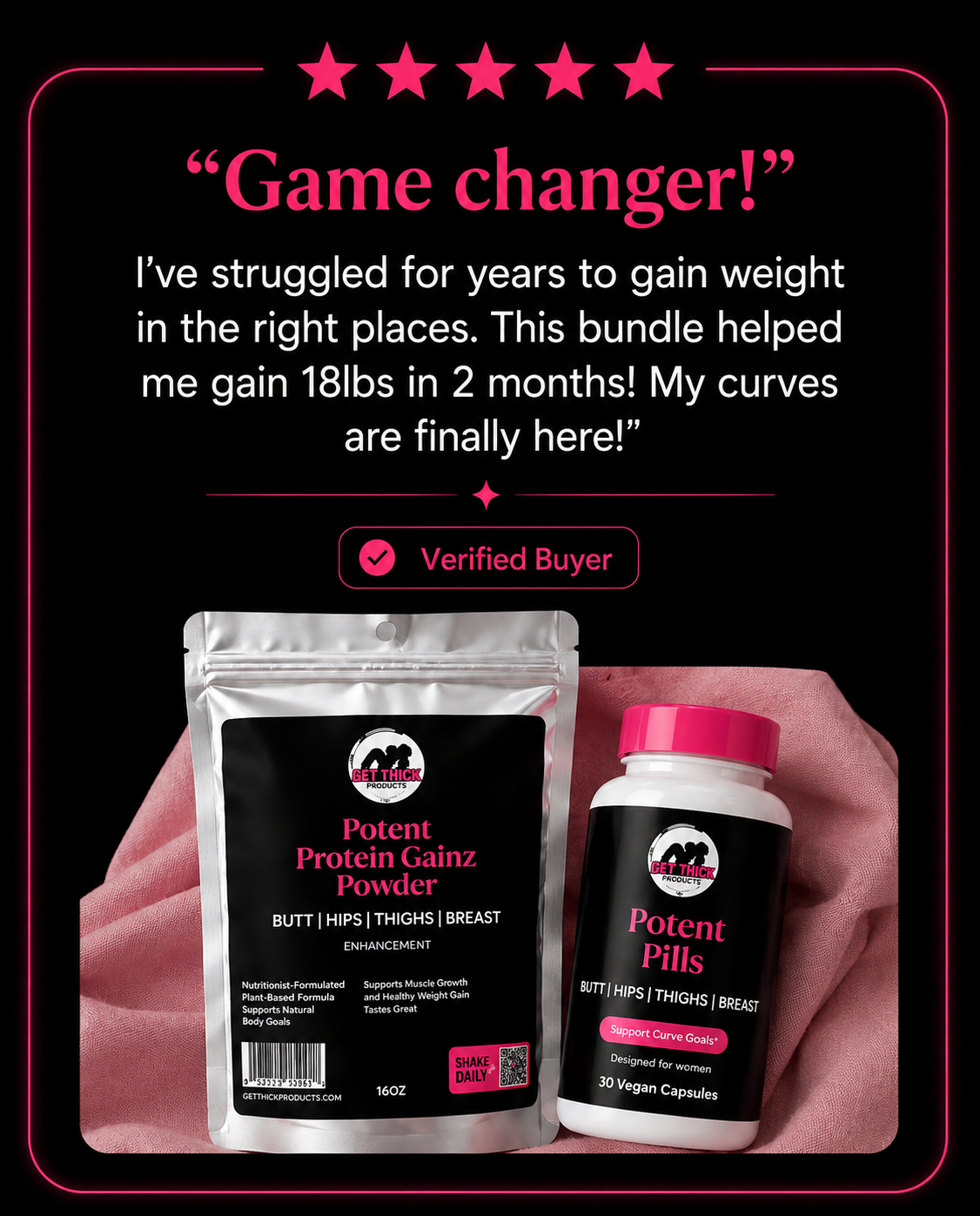 Two supplement products with a testimonial on a black background