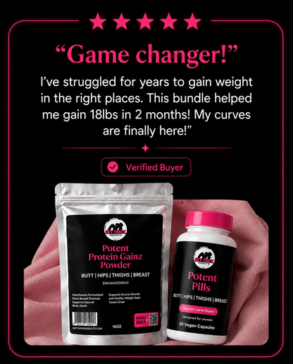 Two supplement products with a testimonial on a black background