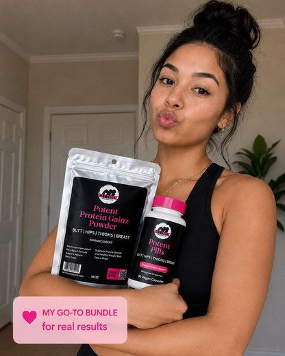 Woman holding protein powder and pills with promotional text in a casual setting