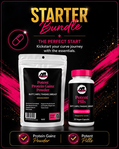 Starter Bundle with Protein Gainz Powder and Potent Pills on a dark background