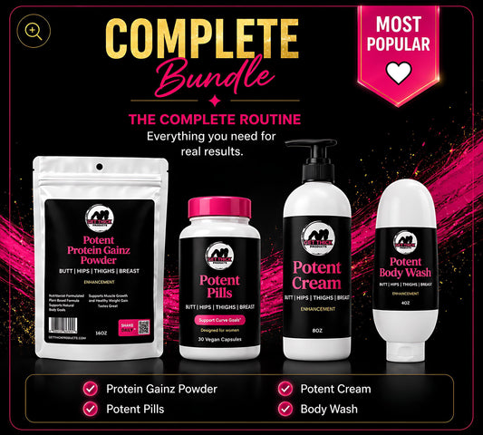 Product bundle with protein gainz powder, potent pills, potent cream, and body wash on a black background with pink accents.