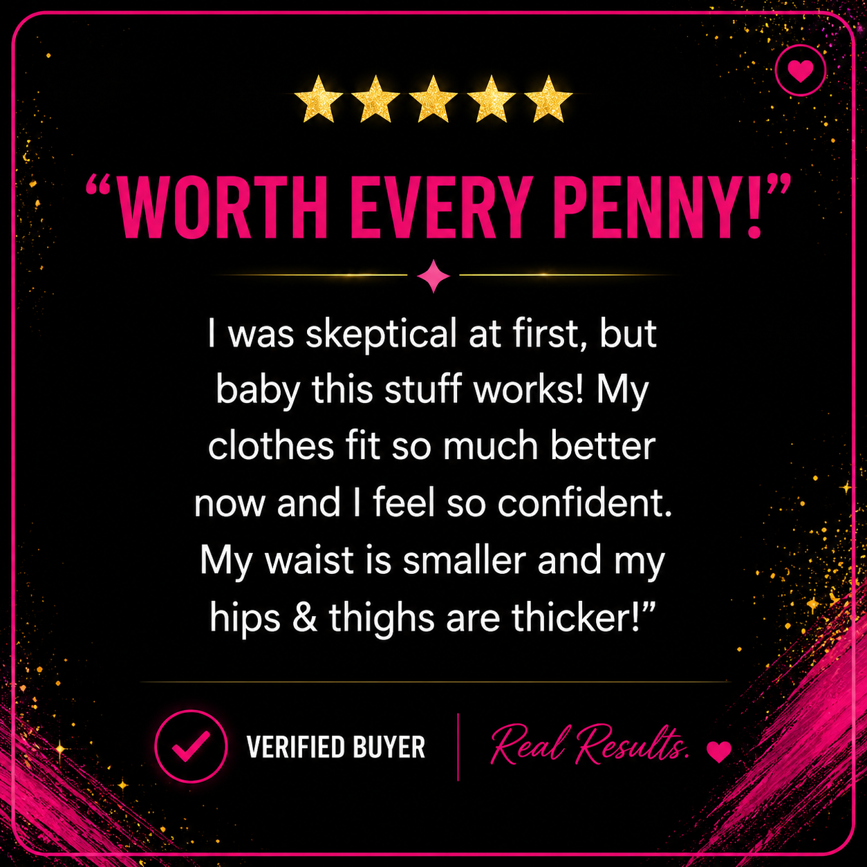 Get Thick Products review with positive feedback on a black background with pink accents
