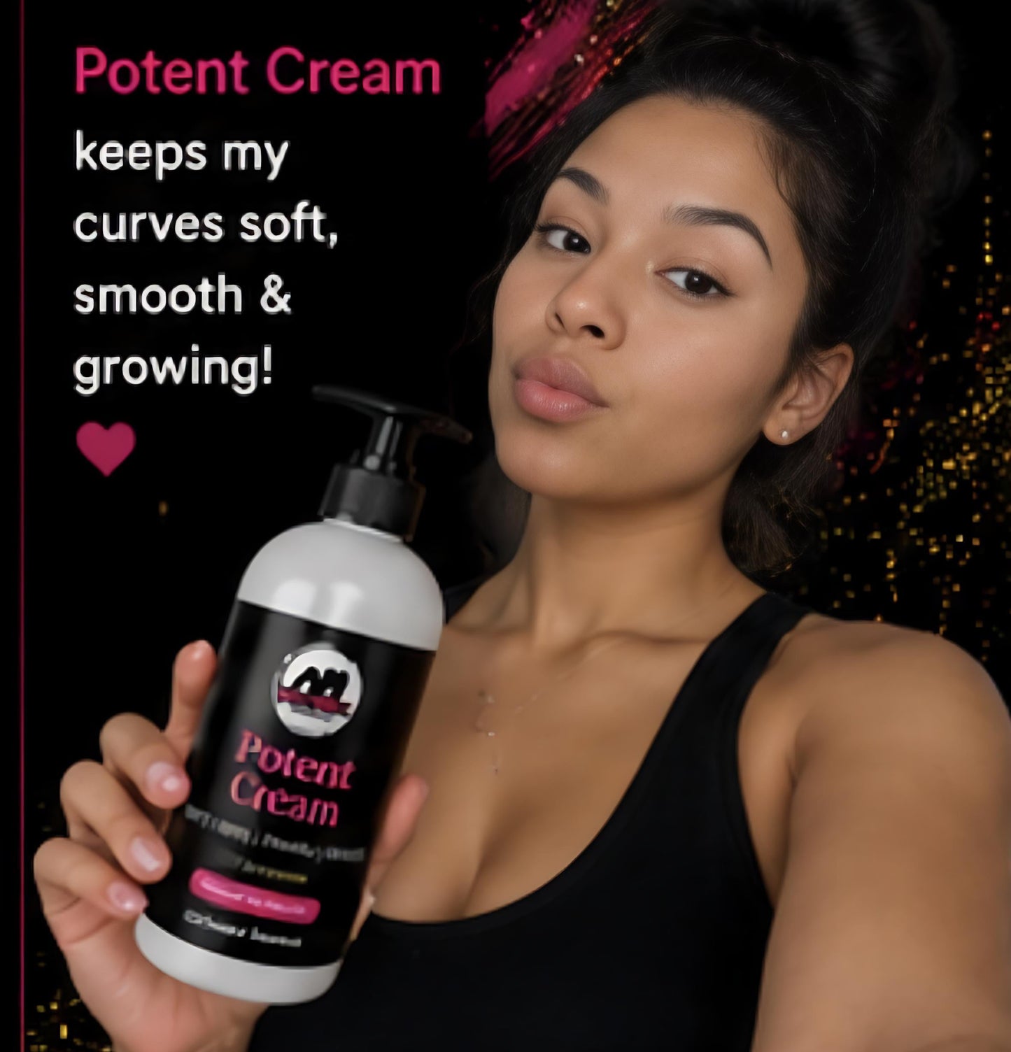Woman holding a bottle of 'Potent Cream' with promotional text on a dark background