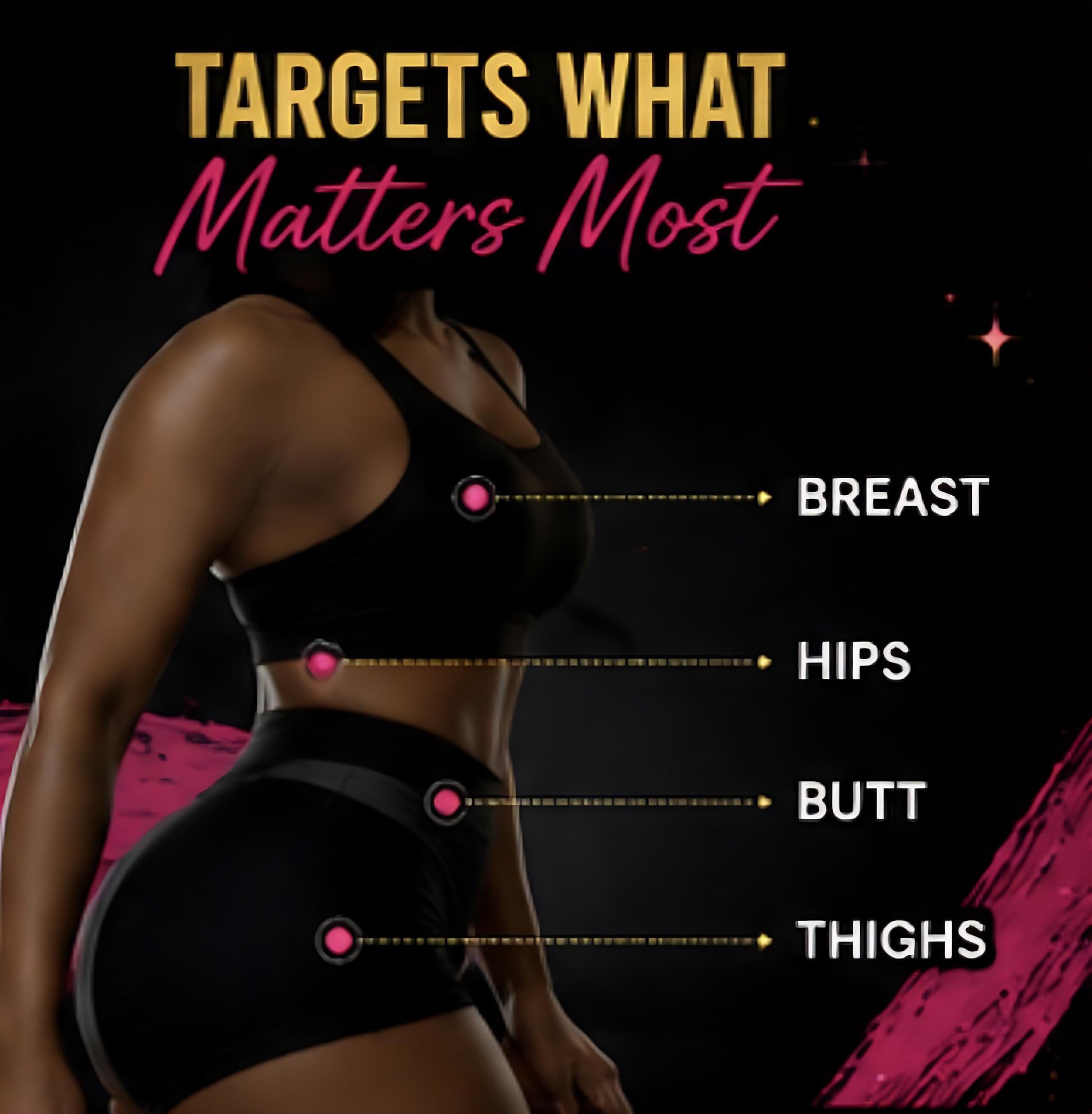 Fitness product targeting different body parts with a dark background and pink accents.