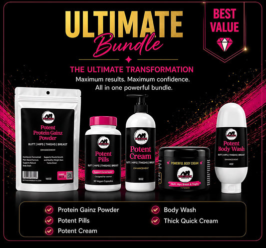 Product bundle with various items on a dark background, featuring text about 'Ultimate Transformation' and 'Best Value'.