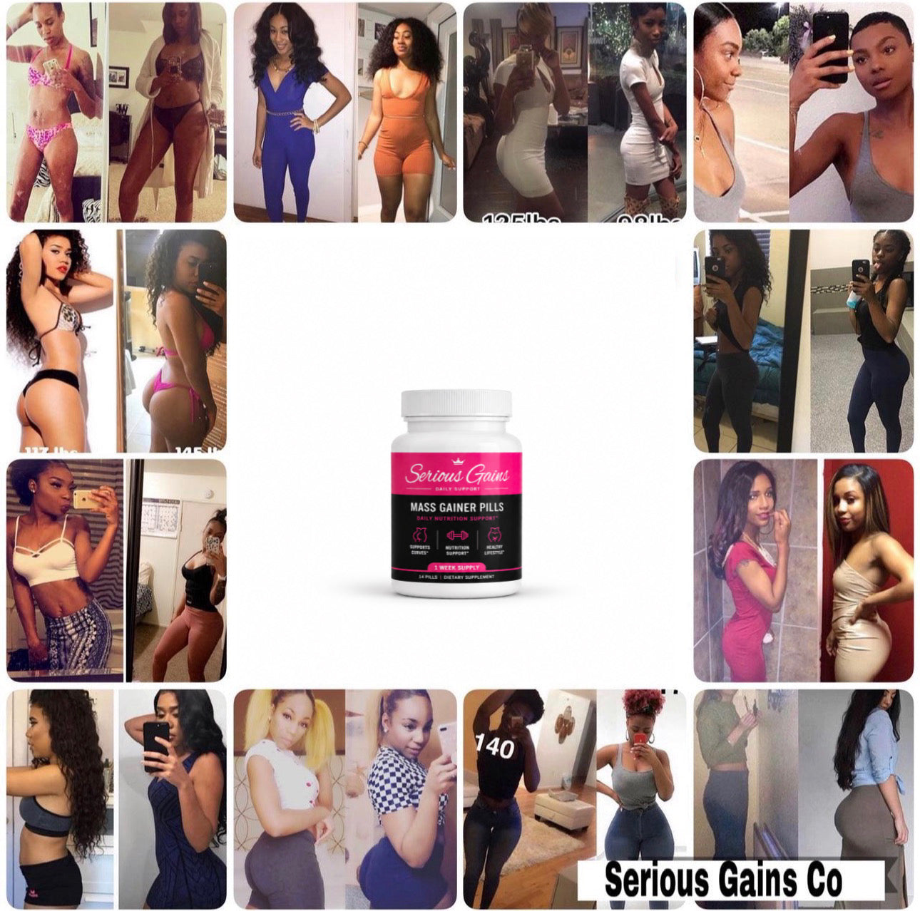 Collage of women in various outfits with a supplement bottle labeled 'Serious Gains Co' in the center.
