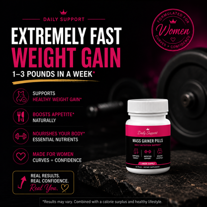 Advertisement for 'Daily Support' mass gainer pills with a bottle on a dark background.