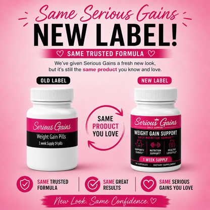 Promotional graphic for 'Serious Gains' weight gain support supplement with new and old label designs on a pink background.