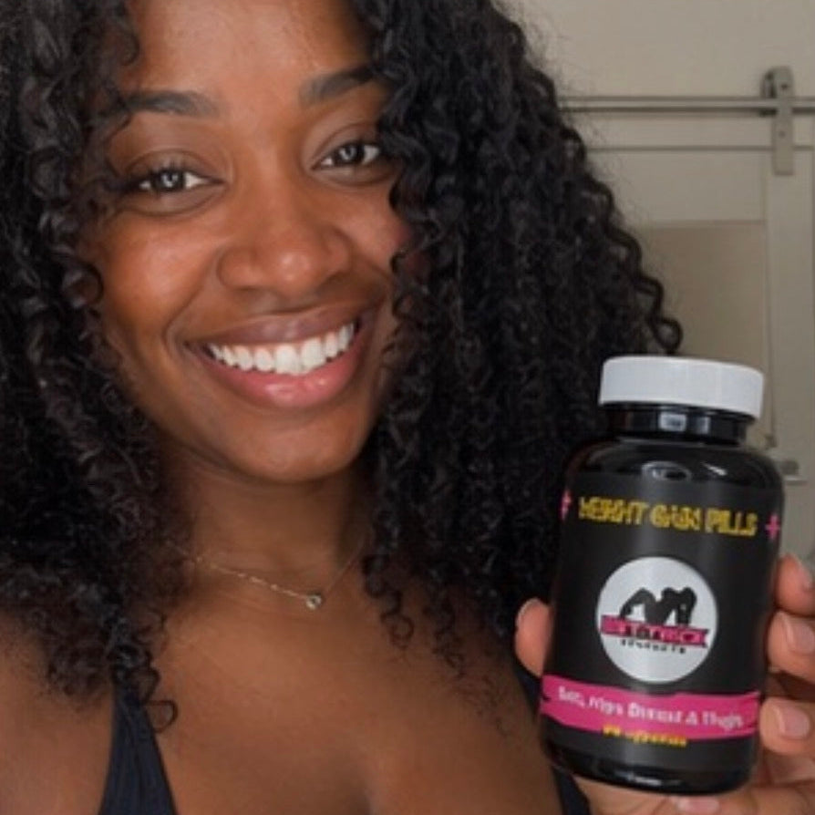 Woman holding Get Thick Products  supplement bottle with a visible brand logo.