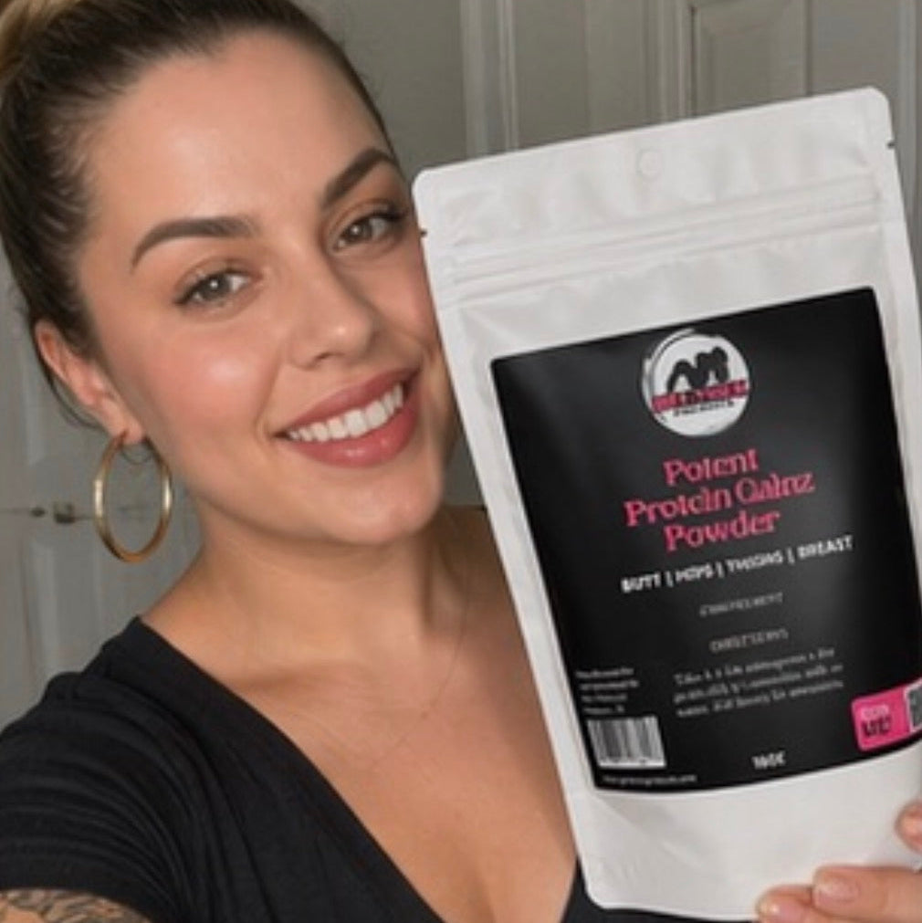 Woman holding a Get Thick Products protein powder package in front of a door