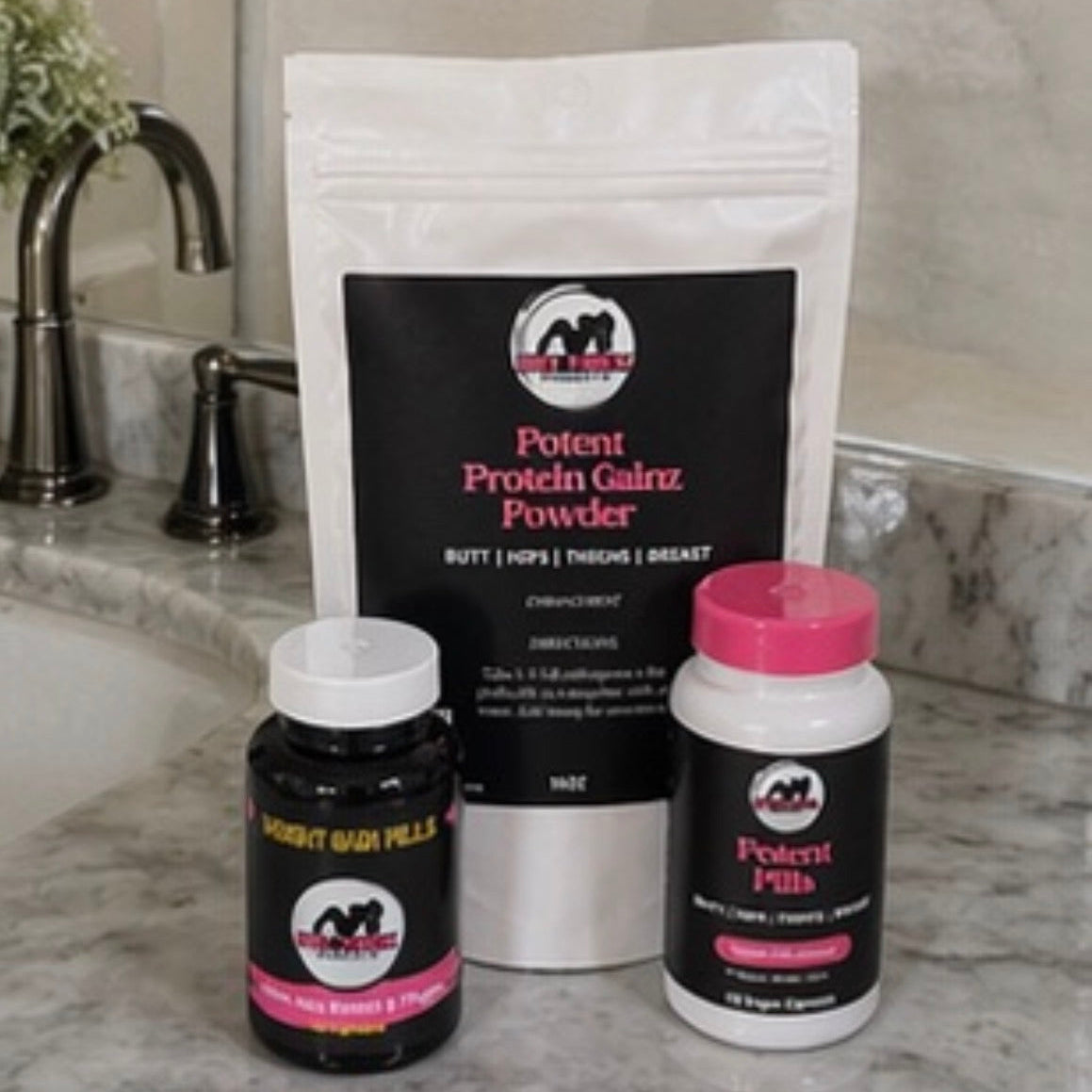 Get Thick Supplement products including a powder and capsules on a bathroom counter.