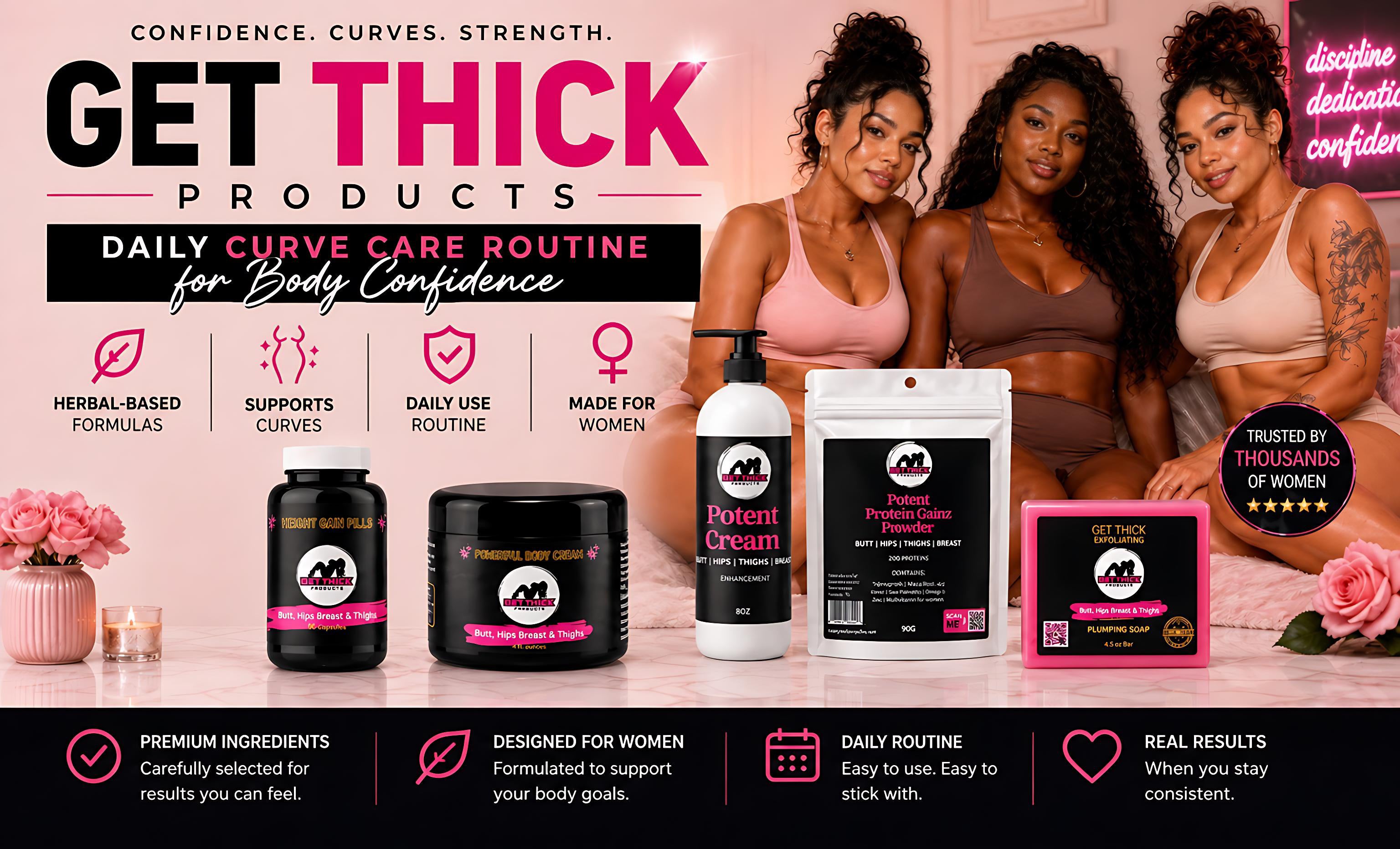 Banner for Get Thick Products. 3 women sitting on couch while products are displayed in front of them. 