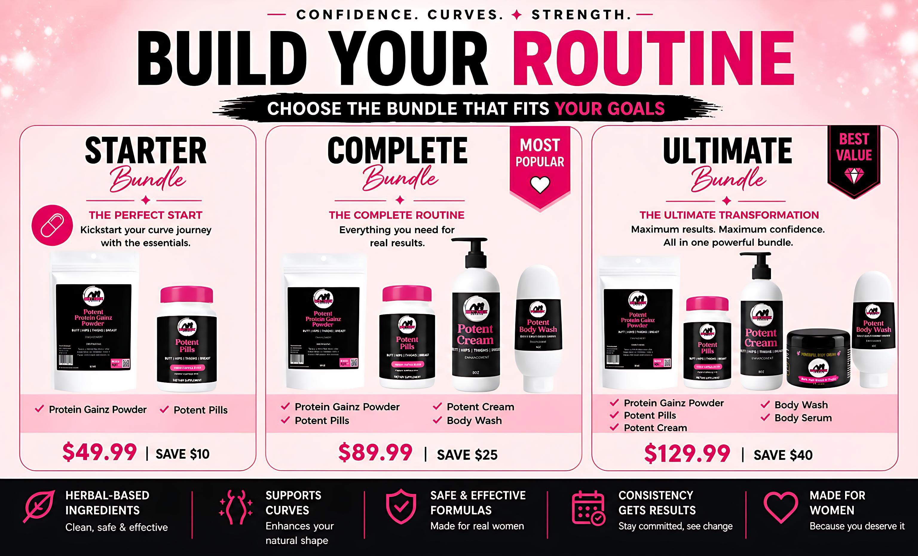 Build your routine. Get Thick products banner displaying multiple products for a routine 