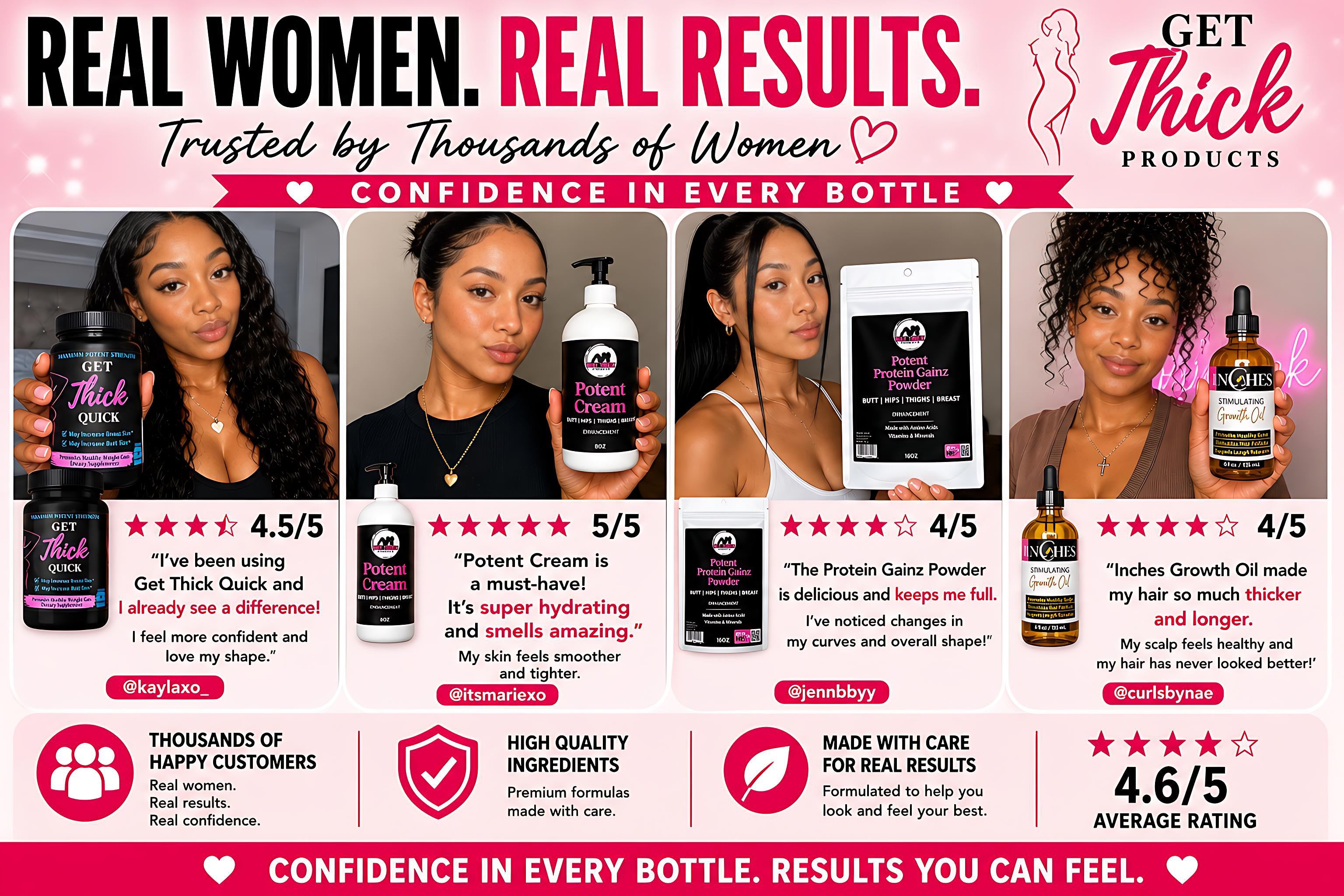 UGC style banner promoting Get Thick Cream, Protein Powder, Potent Cream and max weight gain pills. 