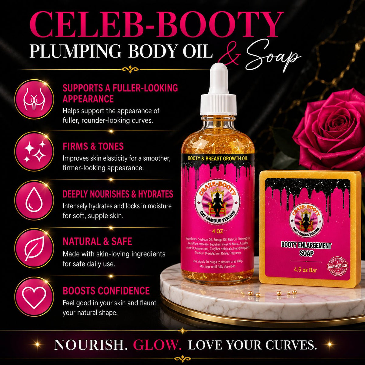 Celeb Booty™ Growth Oil + Cleansing Soap Duo – Curvy Glow Routine System - Get Thick Products