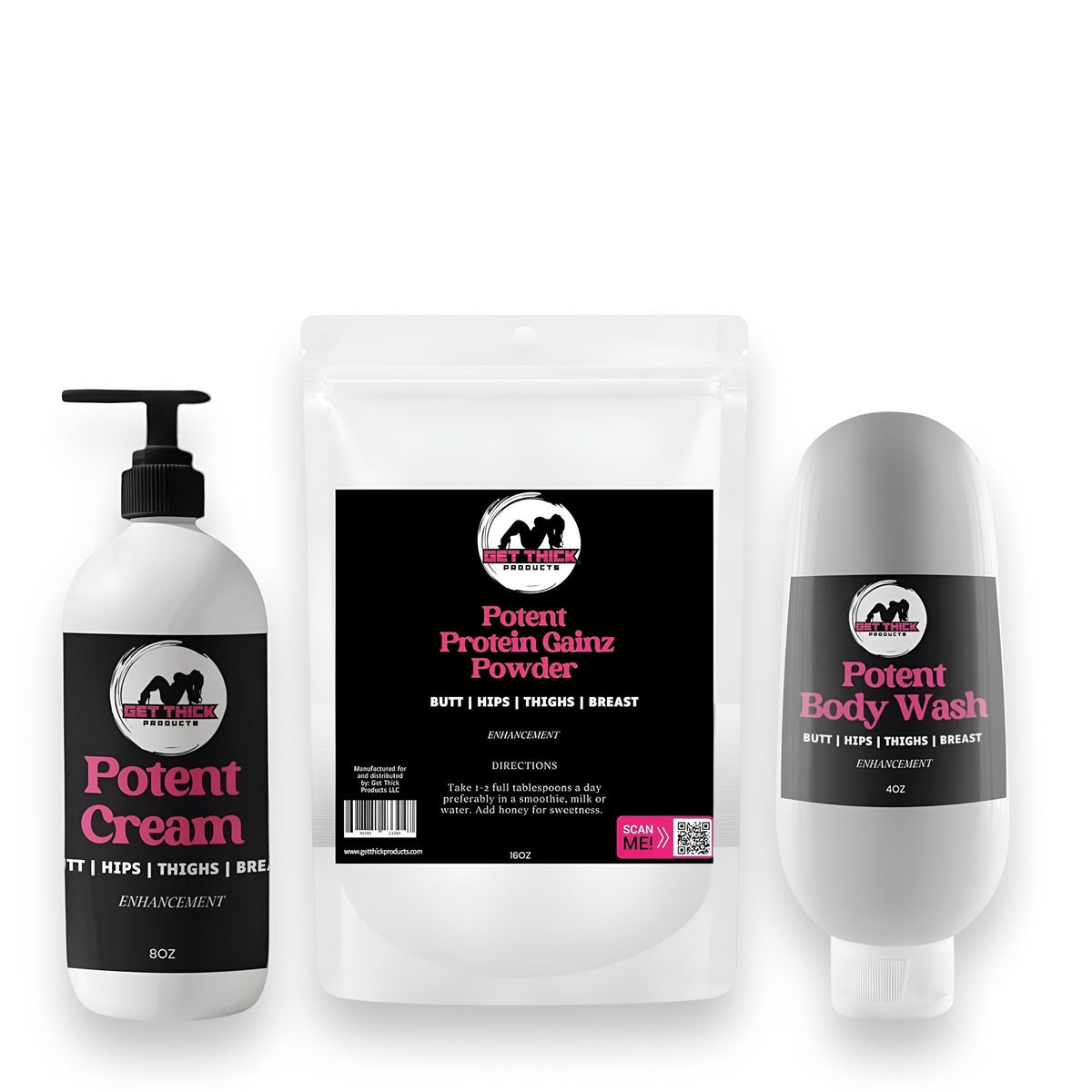 Get Thick Potent Enhancement Bundle – Cream, Weight Gain Powder & Body Wash for Natural Curve Growth - Get Thick Products