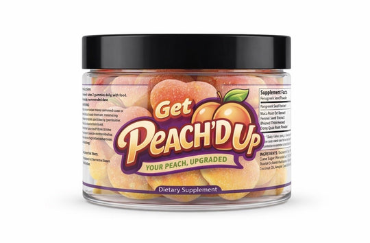Jar of 'Get Peach'D Up' dietary supplement with peach design on a white background