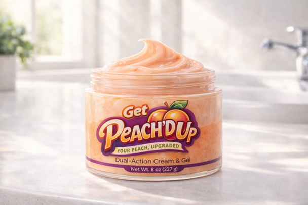 Jar of 'Get Peach'd Up' dual-action cream and gel on a bathroom counter.