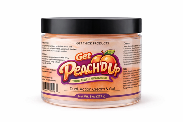 Jar of 'Get Peach'd Up' dual-action cream and gel on a white background