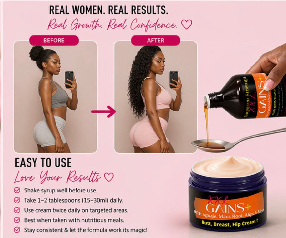 XXL Gains+™ Syrup + Enhancement Cream Combo – Inside & Outside Curvy Routine - Get Thick Products