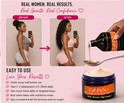 XXL Gains+™ Syrup + Enhancement Cream Combo – Inside & Outside Curvy Routine - Get Thick Products